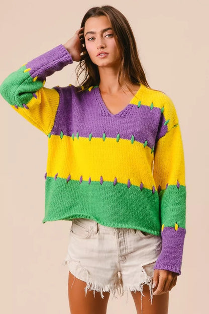 BiBi Stitch Detail Mardi Gras Stripes Sweater - Bitsy Gypsy Boutique