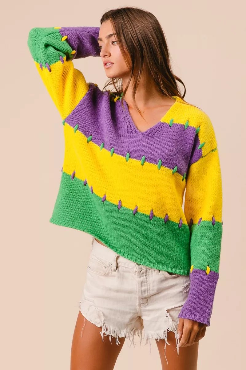 BiBi Stitch Detail Mardi Gras Stripes Sweater - Bitsy Gypsy Boutique