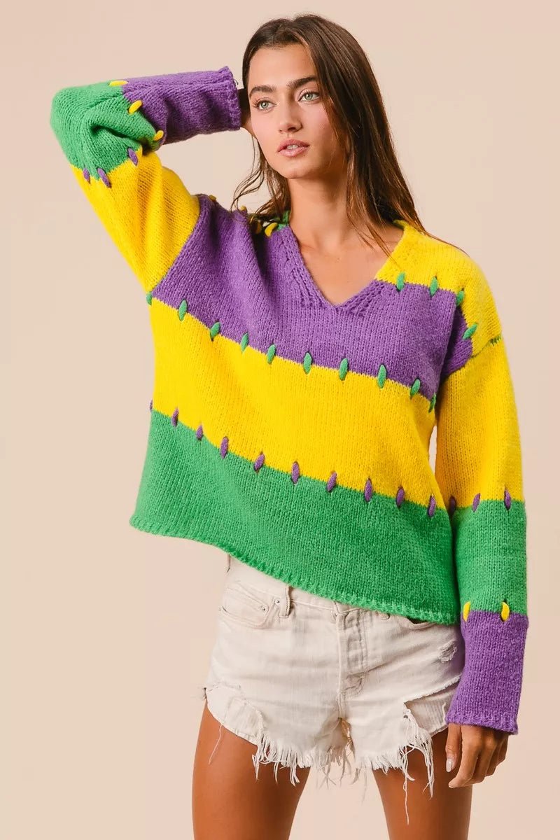 BiBi Stitch Detail Mardi Gras Stripes Sweater - Bitsy Gypsy Boutique