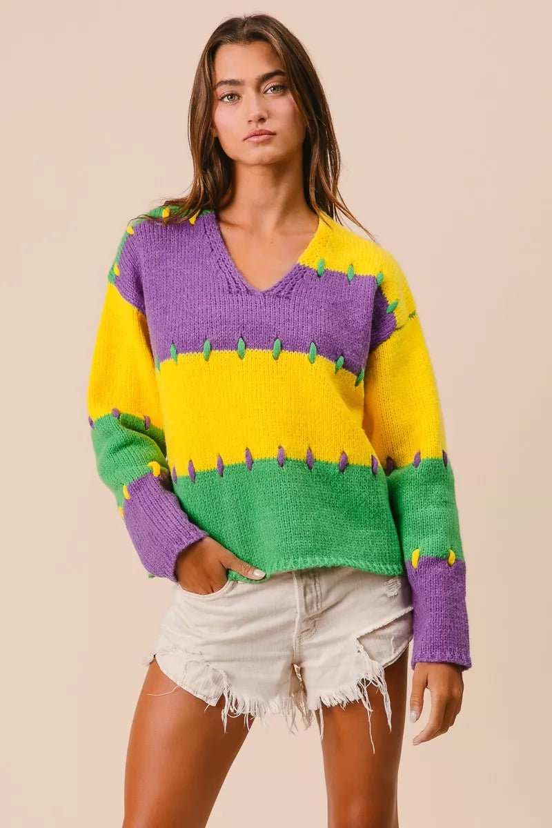BiBi Stitch Detail Mardi Gras Stripes Sweater - Bitsy Gypsy Boutique