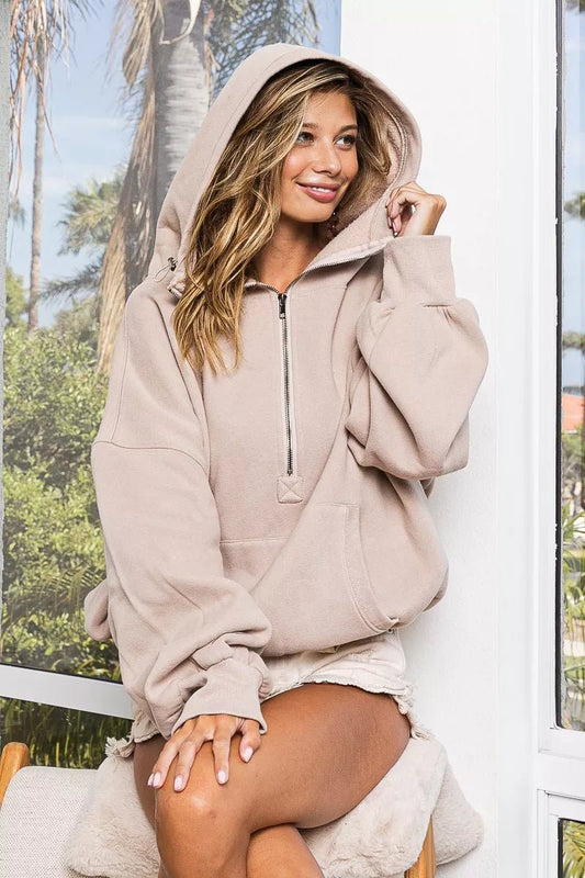 BiBi Stitch Detailed Elastic Hem Half Zip Fleece Hoodie - Bitsy Gypsy Boutique