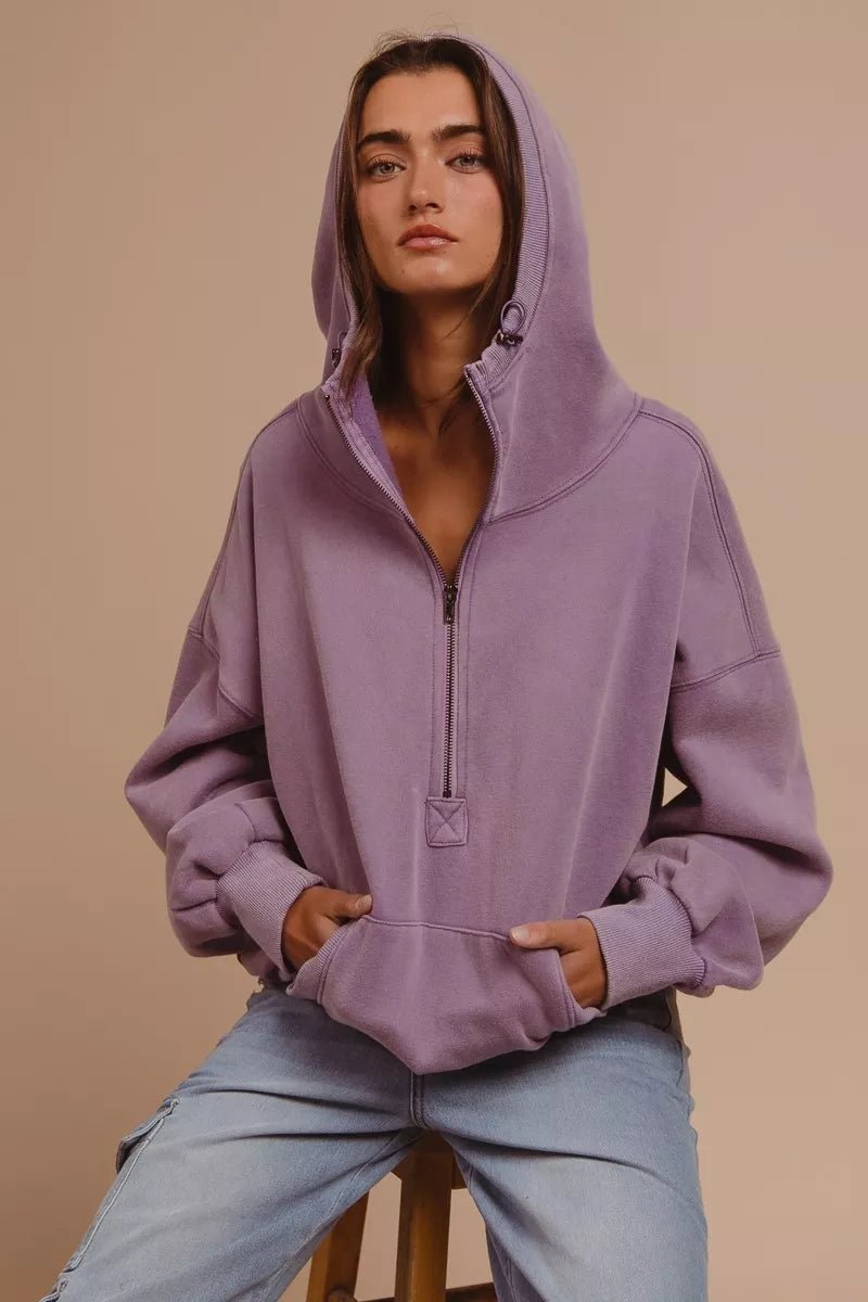 BiBi Stitch Detailed Elastic Hem Half Zip Fleece Hoodie - Bitsy Gypsy Boutique