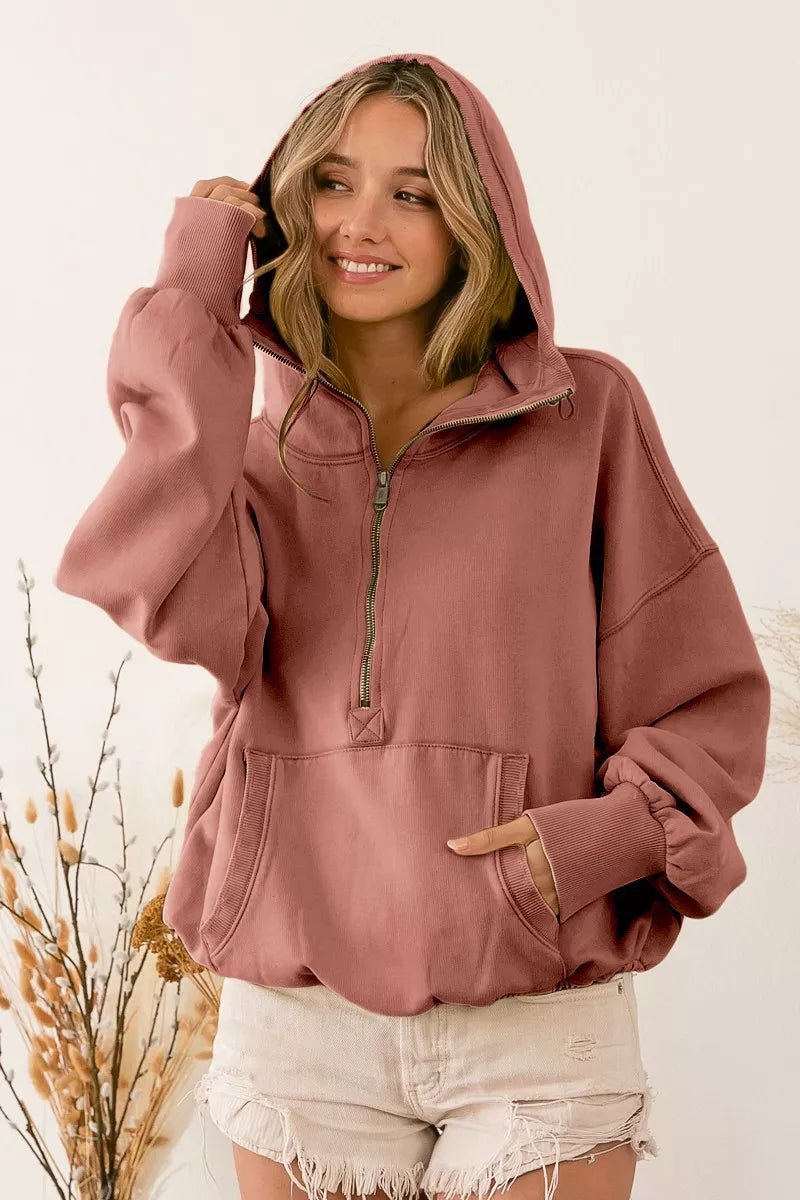 BiBi Stitch Detailed Elastic Hem Half Zip Fleece Hoodie - Bitsy Gypsy Boutique