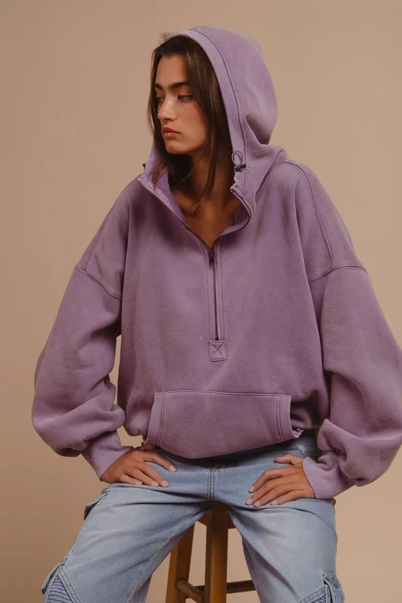 BiBi Stitch Detailed Elastic Hem Half Zip Fleece Hoodie - Bitsy Gypsy Boutique