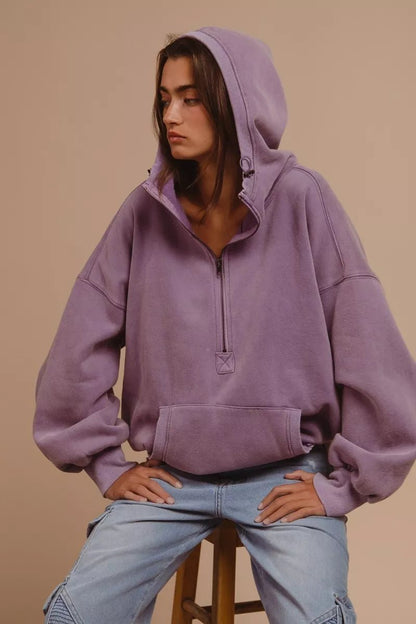BiBi Stitch Detailed Elastic Hem Half Zip Fleece Hoodie - Bitsy Gypsy Boutique