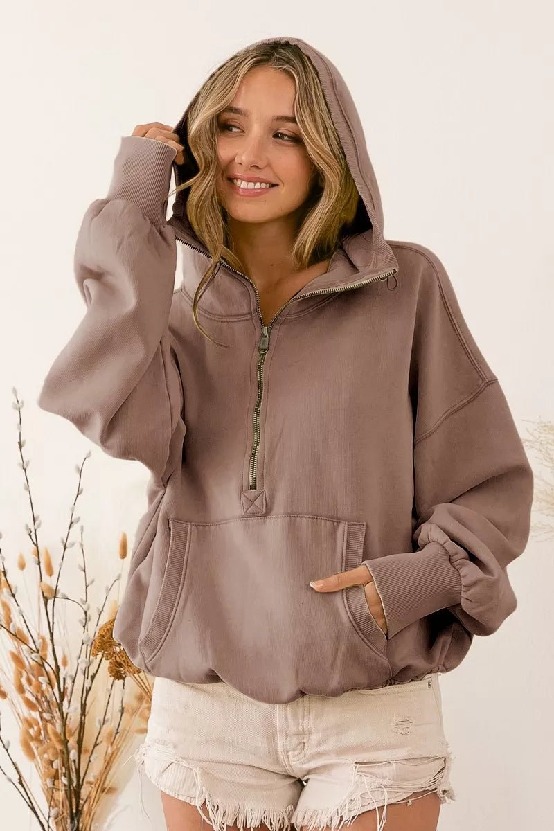 BiBi Stitch Detailed Elastic Hem Half Zip Fleece Hoodie - Bitsy Gypsy Boutique