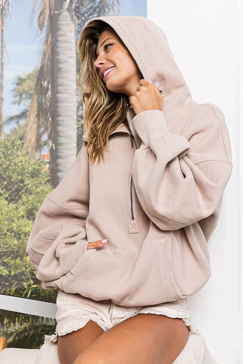 BiBi Stitch Detailed Elastic Hem Half Zip Fleece Hoodie - Bitsy Gypsy Boutique