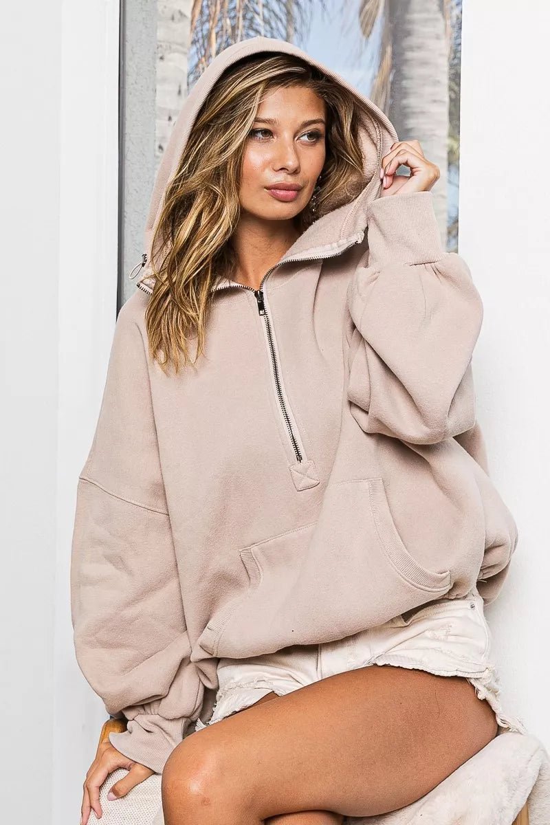BiBi Stitch Detailed Elastic Hem Half Zip Fleece Hoodie - Bitsy Gypsy Boutique