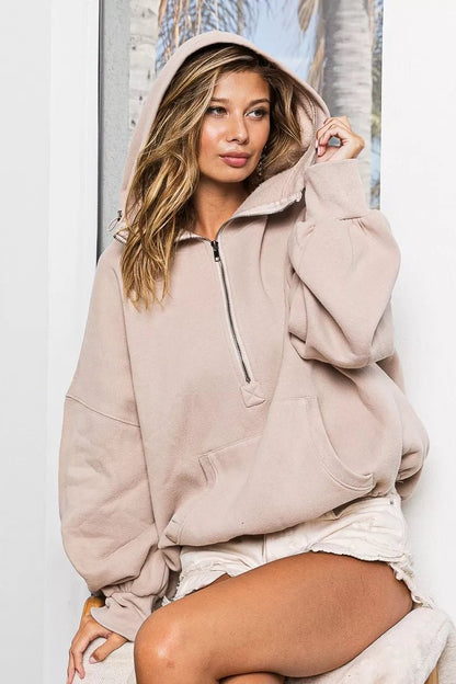 BiBi Stitch Detailed Elastic Hem Half Zip Fleece Hoodie - Bitsy Gypsy Boutique