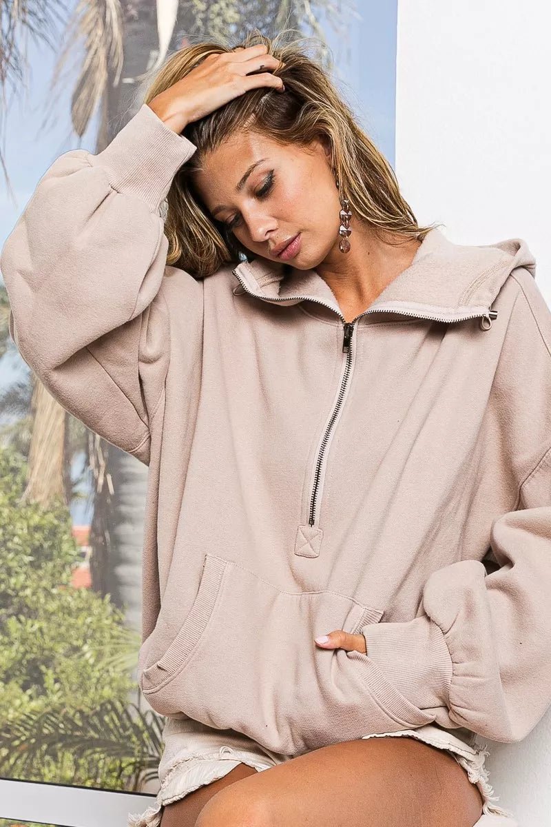 BiBi Stitch Detailed Elastic Hem Half Zip Fleece Hoodie - Bitsy Gypsy Boutique