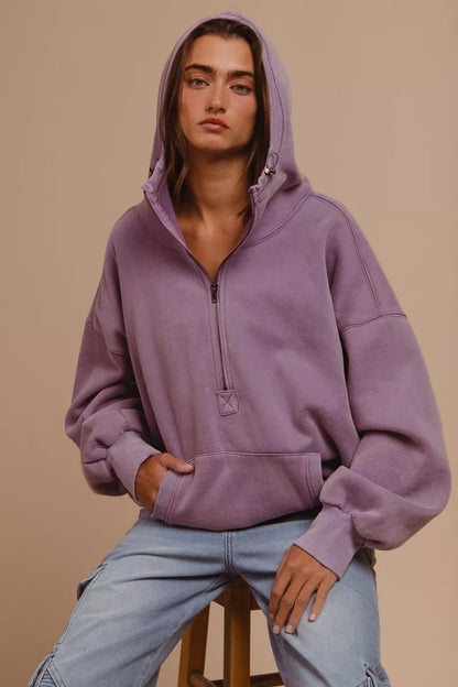 BiBi Stitch Detailed Elastic Hem Half Zip Fleece Hoodie - Bitsy Gypsy Boutique