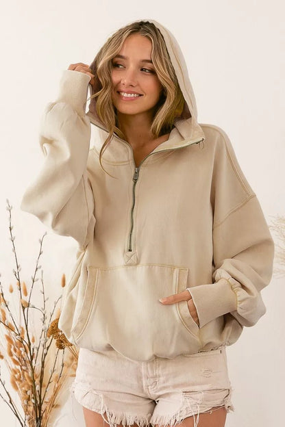 BiBi Stitch Detailed Elastic Hem Half Zip Fleece Hoodie - Bitsy Gypsy Boutique