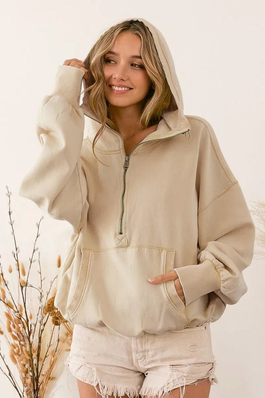 BiBi Stitch Detailed Elastic Hem Half Zip Fleece Hoodie - Bitsy Gypsy Boutique