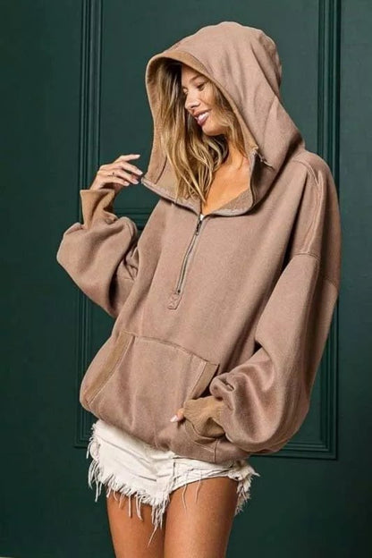 BiBi Stitch Detailed Elastic Hem Half Zip Fleece Hoodie - Bitsy Gypsy Boutique