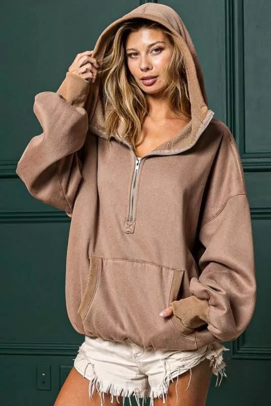 BiBi Stitch Detailed Elastic Hem Half Zip Fleece Hoodie - Bitsy Gypsy Boutique