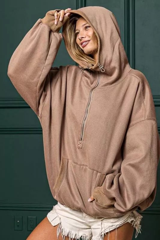 BiBi Stitch Detailed Elastic Hem Half Zip Fleece Hoodie - Bitsy Gypsy Boutique