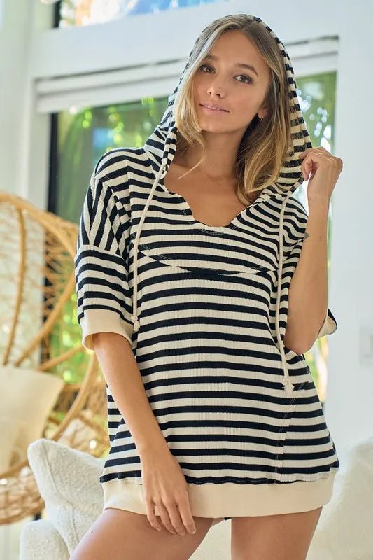 BiBi Stripe Fleece Notch Neck Short Sleeve Hoodie - Bitsy Gypsy Boutique