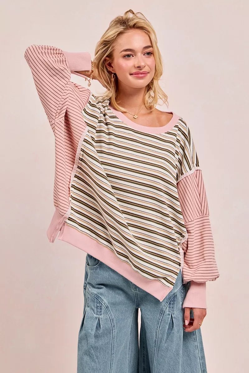 BiBi Stripe Mixed Top With Cut Edge And Reverse Outseam - Bitsy Gypsy Boutique