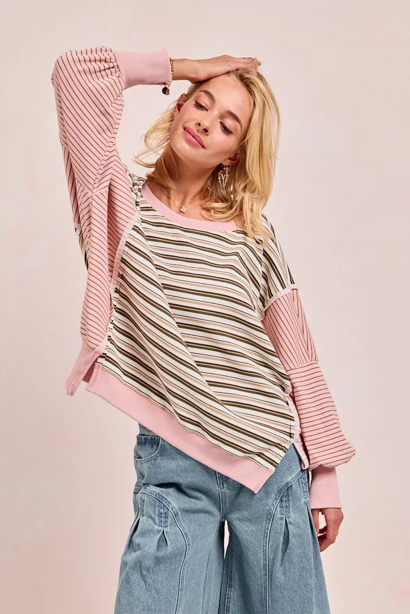 BiBi Stripe Mixed Top With Cut Edge And Reverse Outseam - Bitsy Gypsy Boutique