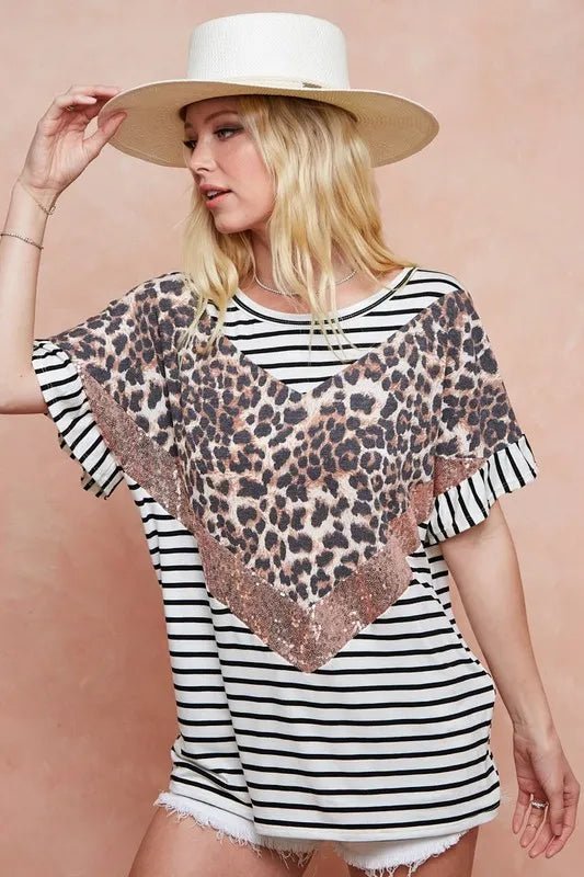 BiBi Stripe Rayon Span Knit Color Block Top With Leopard - Bitsy Gypsy Boutique