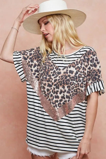 BiBi Stripe Rayon Span Knit Color Block Top With Leopard - Bitsy Gypsy Boutique