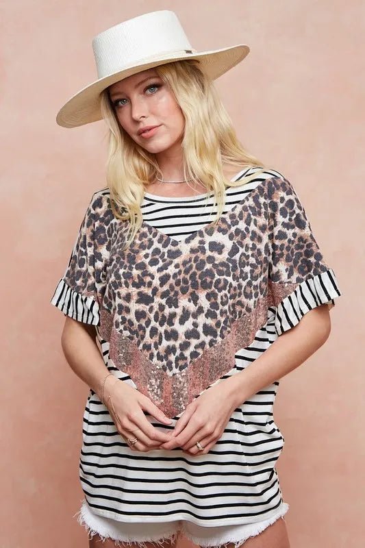 BiBi Stripe Rayon Span Knit Color Block Top With Leopard - Bitsy Gypsy Boutique