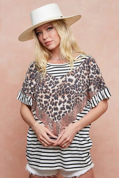 BiBi Stripe Rayon Span Knit Color Block Top With Leopard - Bitsy Gypsy Boutique