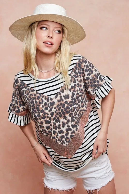 BiBi Stripe Rayon Span Knit Color Block Top With Leopard - Bitsy Gypsy Boutique