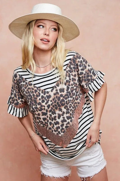 BiBi Stripe Rayon Span Knit Color Block Top With Leopard - Bitsy Gypsy Boutique