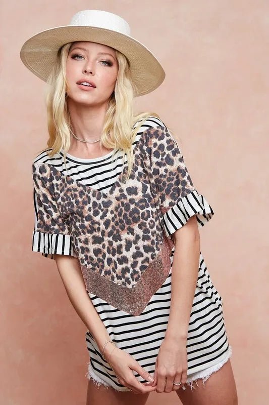 BiBi Stripe Rayon Span Knit Color Block Top With Leopard - Bitsy Gypsy Boutique