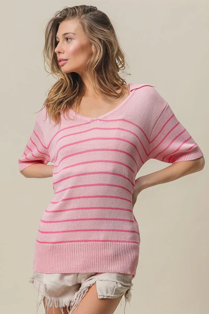 BiBi Stripe Short Sleeves Collared V Neck Top - Bitsy Gypsy Boutique