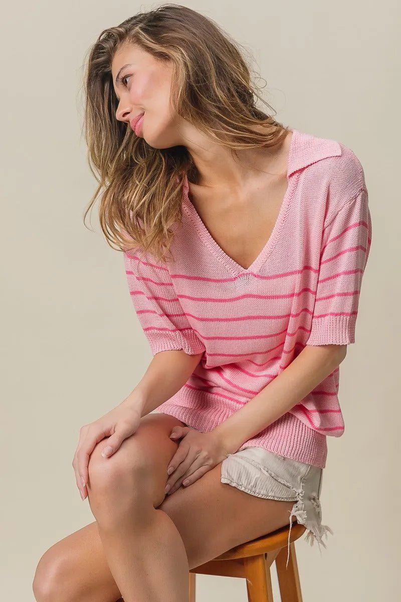 BiBi Stripe Short Sleeves Collared V Neck Top - Bitsy Gypsy Boutique