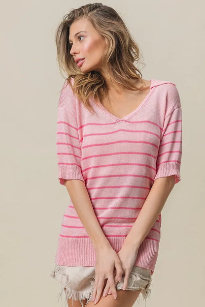 BiBi Stripe Short Sleeves Collared V Neck Top - Bitsy Gypsy Boutique