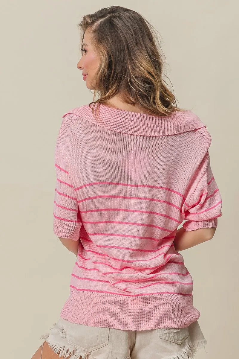 BiBi Stripe Short Sleeves Collared V Neck Top - Bitsy Gypsy Boutique