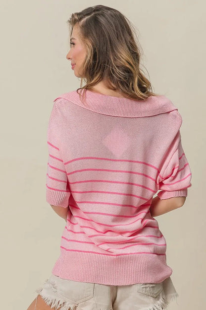 BiBi Stripe Short Sleeves Collared V Neck Top - Bitsy Gypsy Boutique