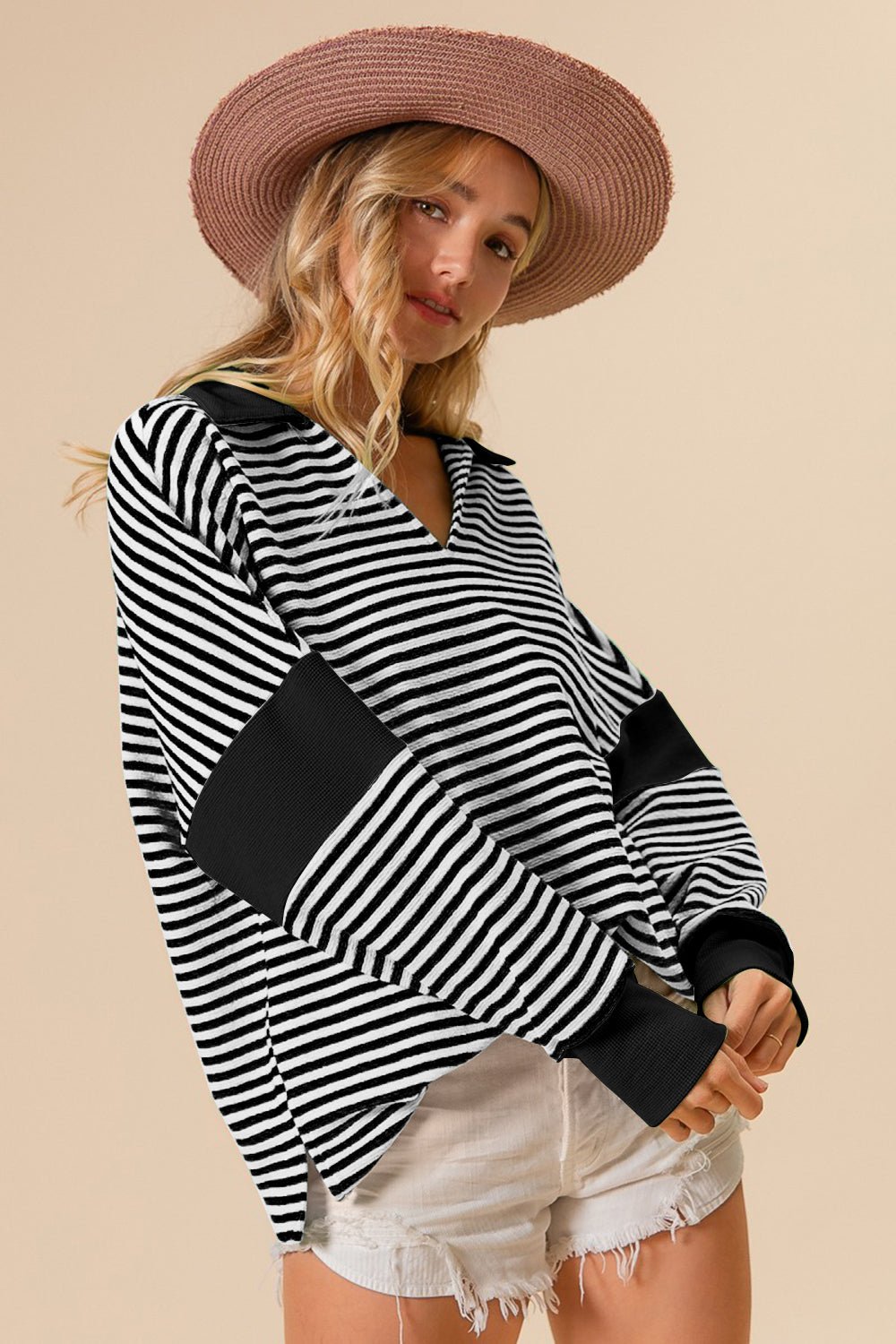 BiBi Striped Contrast Long Sleeve Knit Top - Bitsy Gypsy Boutique