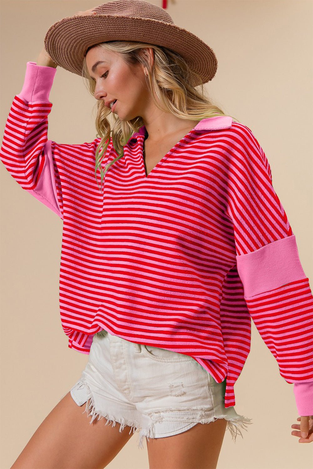 BiBi Striped Contrast Long Sleeve Knit Top - Bitsy Gypsy Boutique