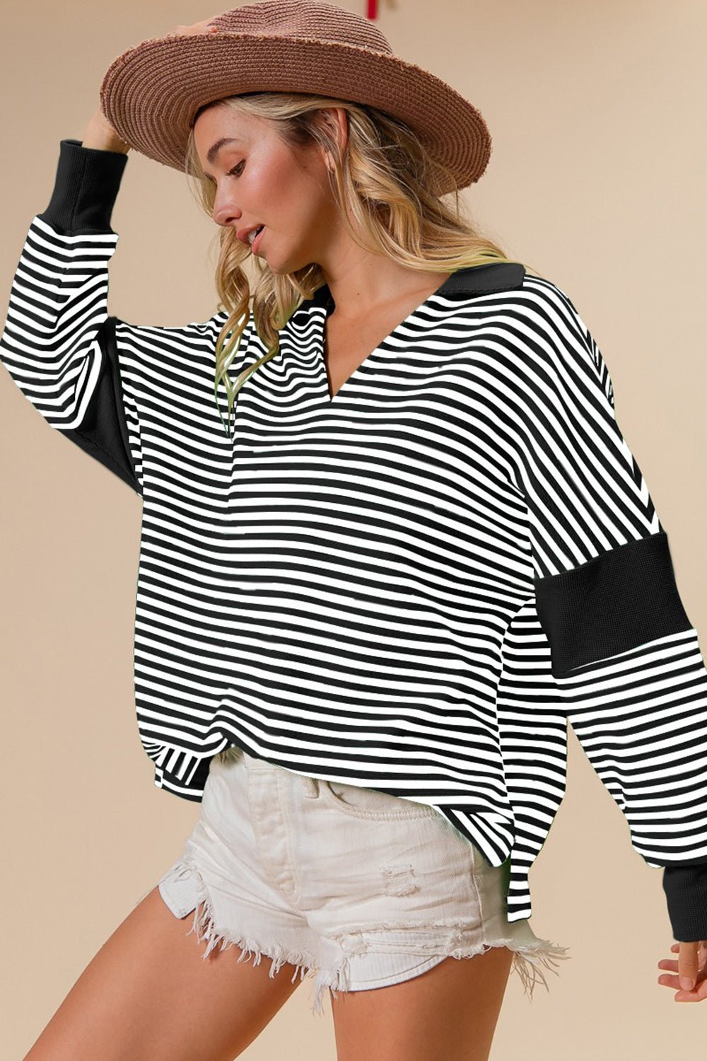 BiBi Striped Contrast Long Sleeve Knit Top - Bitsy Gypsy Boutique