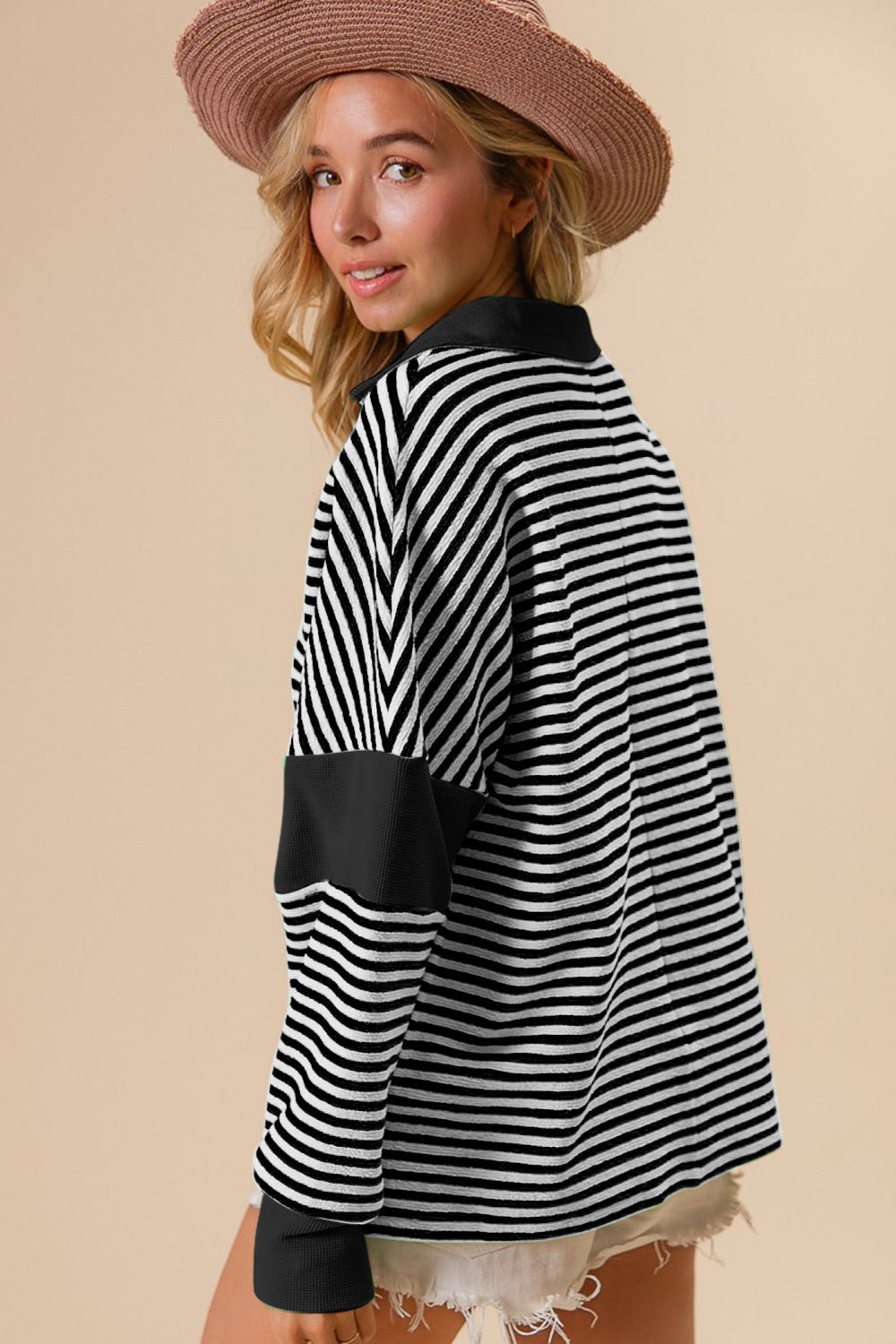 BiBi Striped Contrast Long Sleeve Knit Top - Bitsy Gypsy Boutique