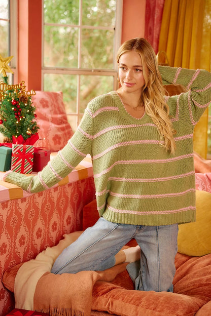 BiBi Striped Long Sleeve Sweater - Bitsy Gypsy Boutique