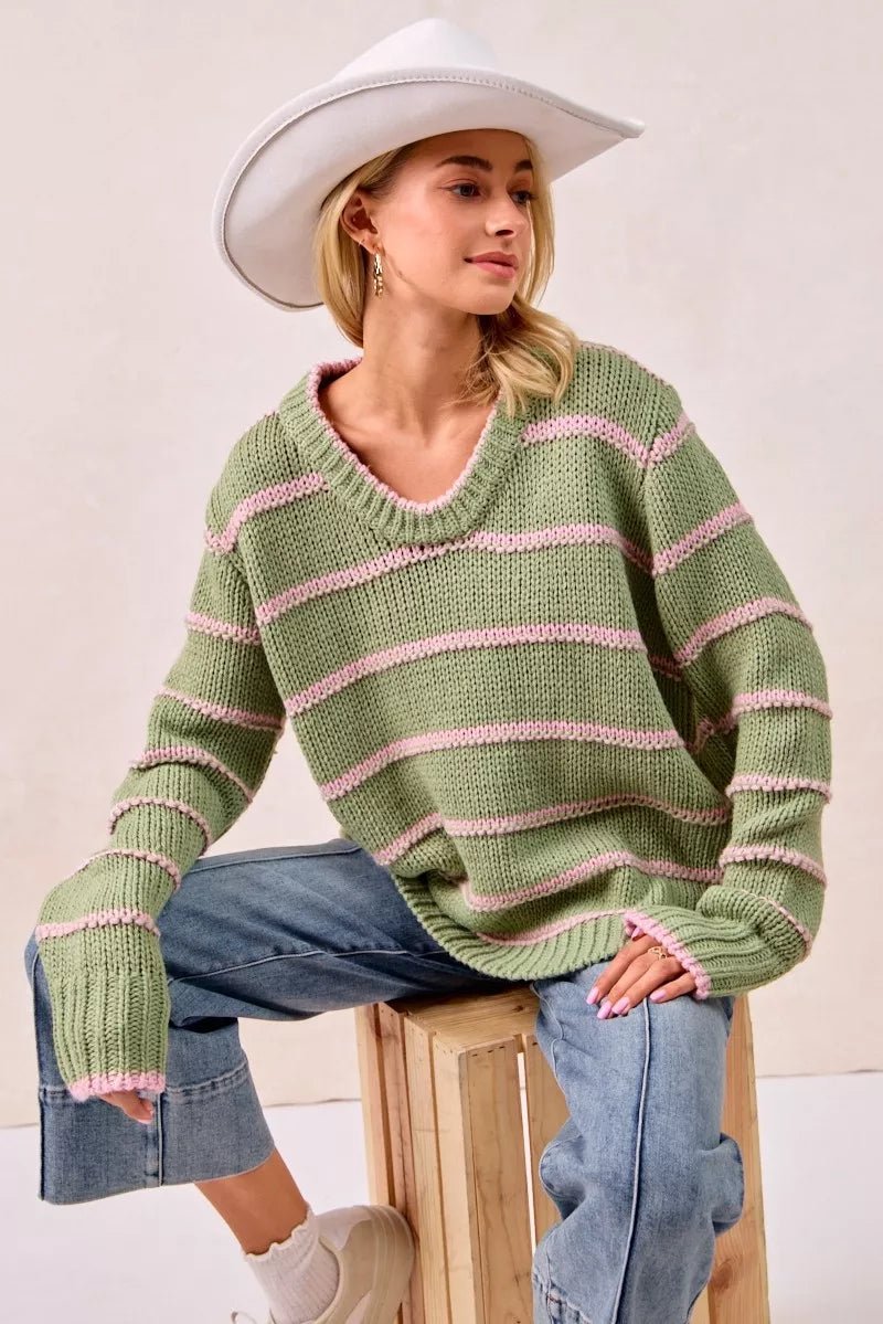 BiBi Striped Long Sleeve Sweater - Bitsy Gypsy Boutique