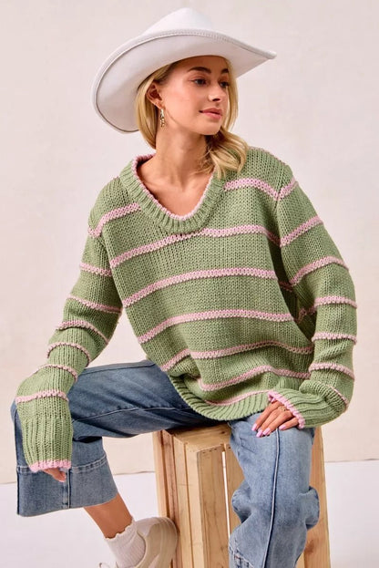 BiBi Striped Long Sleeve Sweater - Bitsy Gypsy Boutique