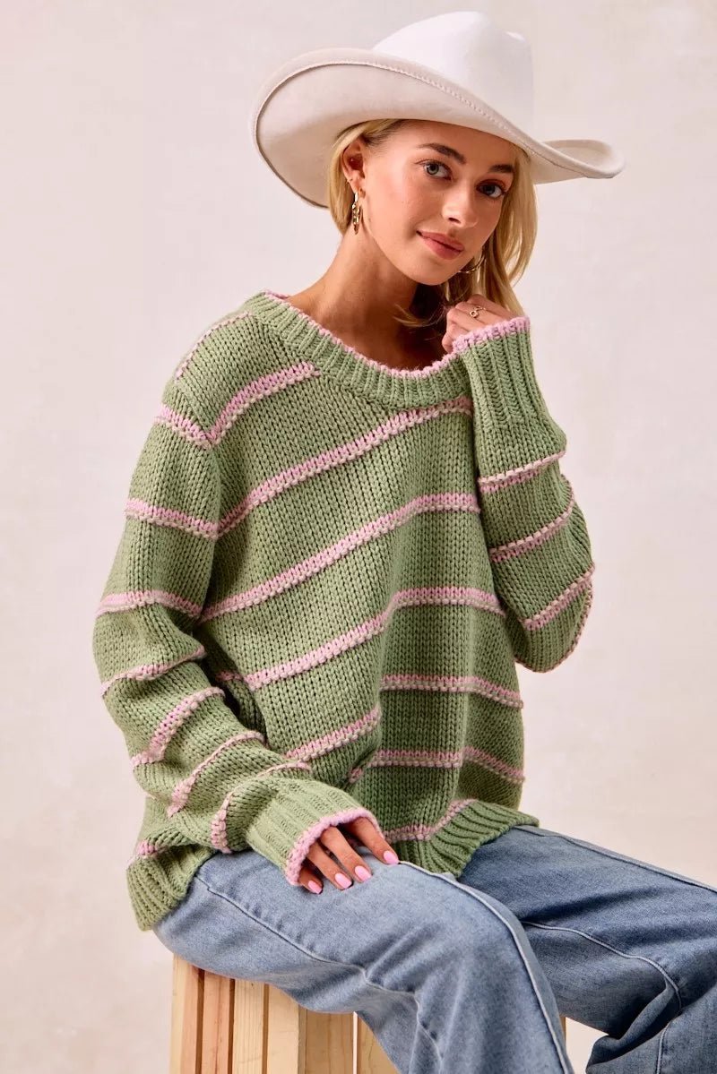 BiBi Striped Long Sleeve Sweater - Bitsy Gypsy Boutique
