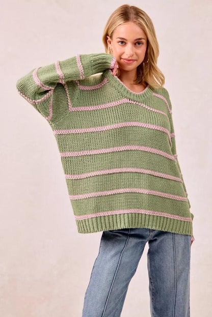 BiBi Striped Long Sleeve Sweater - Bitsy Gypsy Boutique