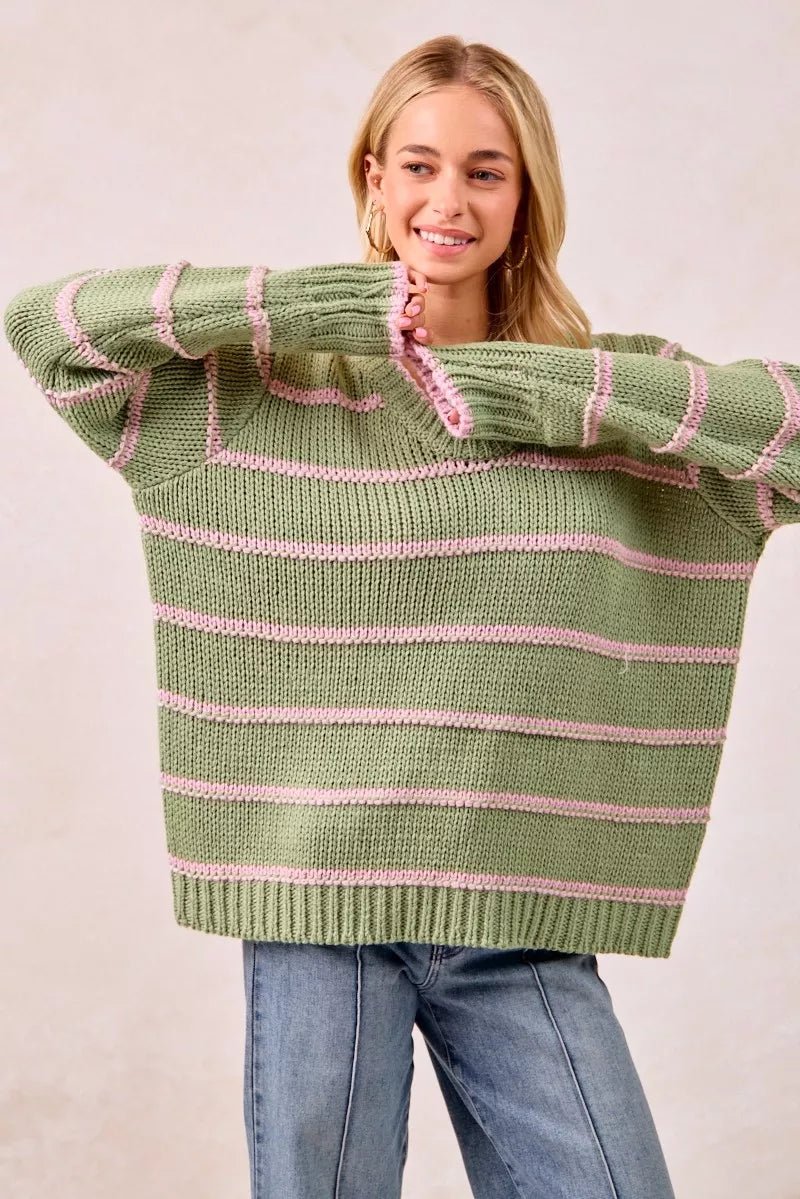 BiBi Striped Long Sleeve Sweater - Bitsy Gypsy Boutique