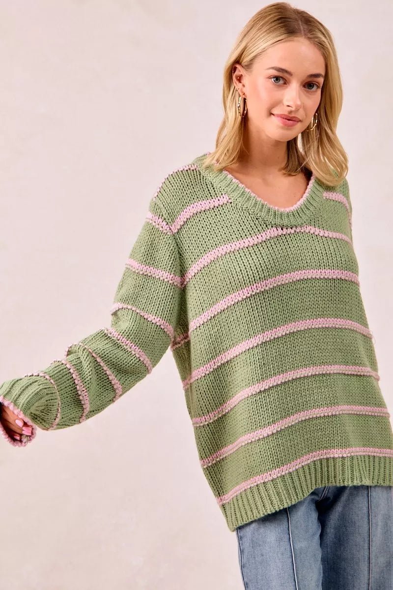 BiBi Striped Long Sleeve Sweater - Bitsy Gypsy Boutique