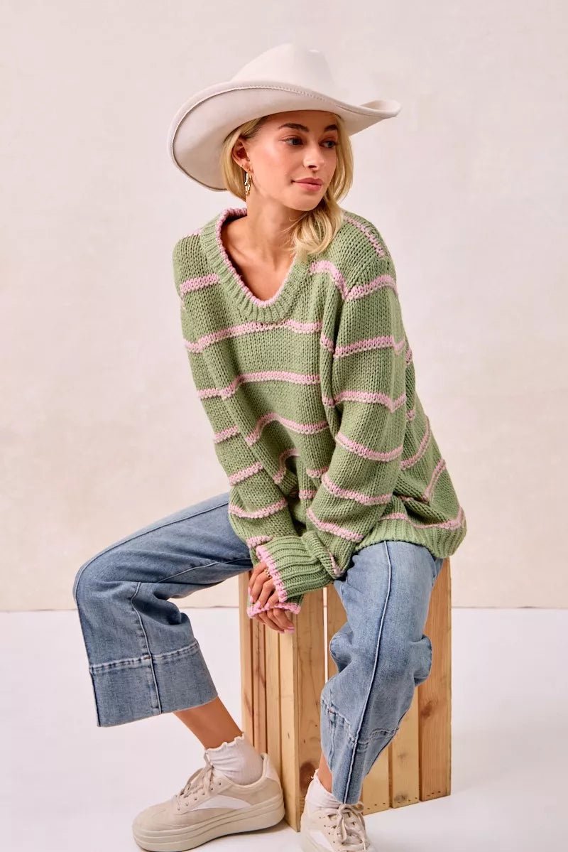 BiBi Striped Long Sleeve Sweater - Bitsy Gypsy Boutique