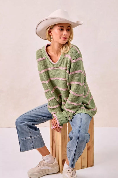 BiBi Striped Long Sleeve Sweater - Bitsy Gypsy Boutique
