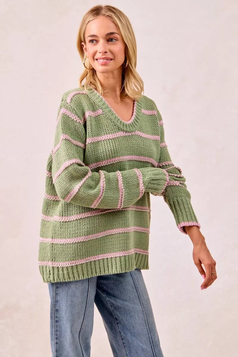 BiBi Striped Long Sleeve Sweater - Bitsy Gypsy Boutique