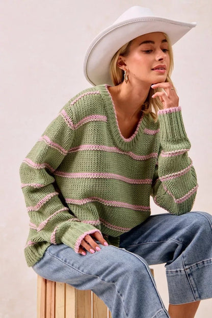 BiBi Striped Long Sleeve Sweater - Bitsy Gypsy Boutique